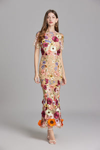Chesley Floral Embroidery Mesh Fishtail Midi Dress In Brown