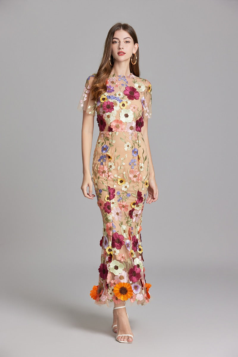 Chesley Floral Embroidery Mesh Fishtail Midi Dress In Brown