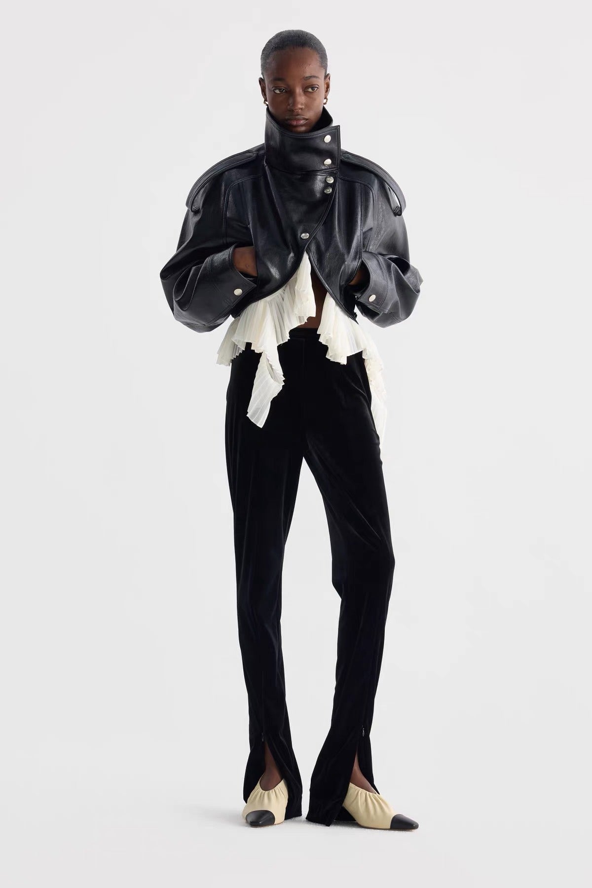 Amsvek Black High Neck Aysmmetrical Oversized Jacket