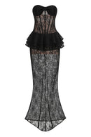 Luvren Black Strapless Lace Peplum Maxi Dress