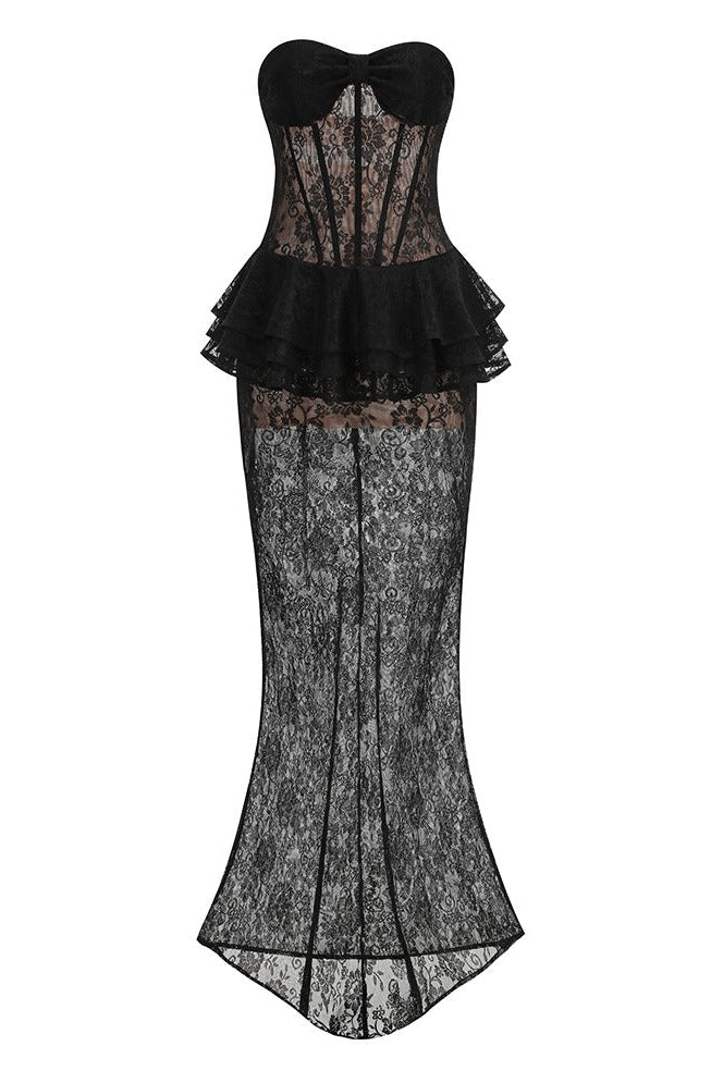 Luvren Black Strapless Lace Peplum Maxi Dress