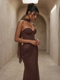 Cormyra Halter-Neck Strapless Ruched Maxi Dress In Brown