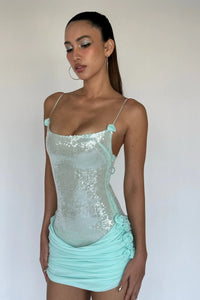 Quivyx Sequin Floral Draped Corset Mini Dress In Green