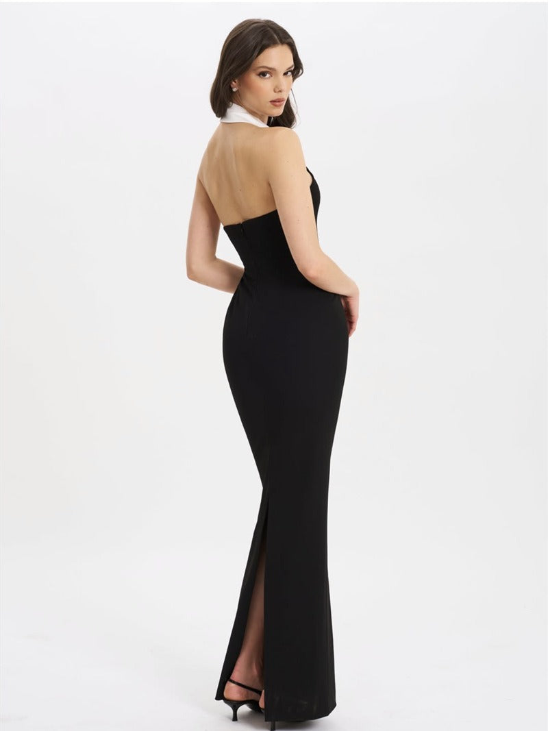 Reyra Halter Lapel Collar Maxi Dress In Black