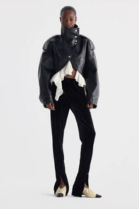 Amsvek Black High Neck Aysmmetrical Oversized Jacket