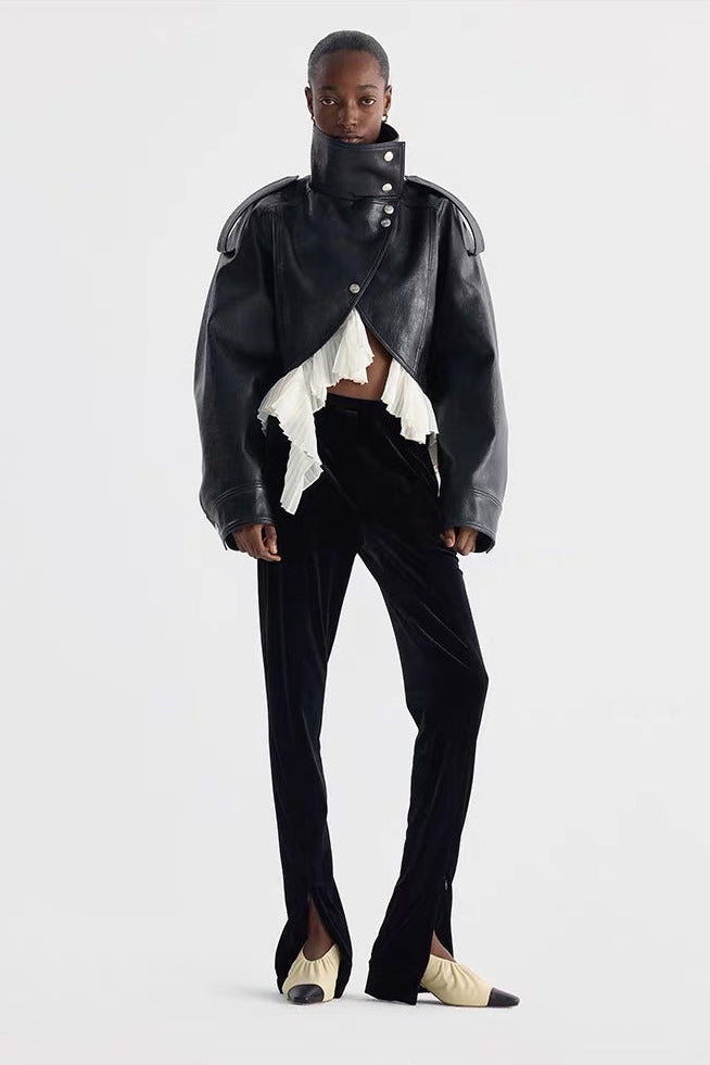 Amsvek Black High Neck Aysmmetrical Oversized Jacket