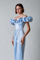 Corliss Crystal Off-Shoulder Maxi Split Dress In Blue