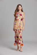 Chesley Floral Embroidery Mesh Fishtail Midi Dress In Brown