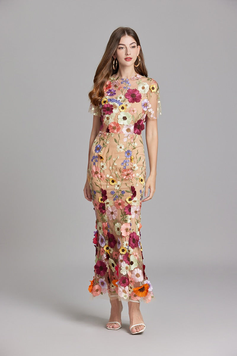 Chesley Floral Embroidery Mesh Fishtail Midi Dress In Brown