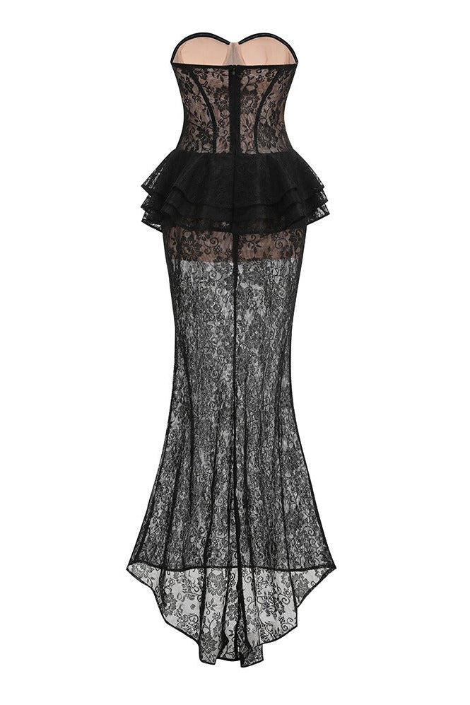 Luvren Black Strapless Lace Peplum Maxi Dress
