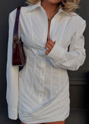 Indre White Cinched-Waist Pleated Mini Shirt Dress