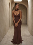 Cormyra Halter-Neck Strapless Ruched Maxi Dress In Brown