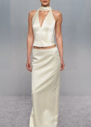 Uveria Ivory Plunge Neck Satin Top & Skirt Set