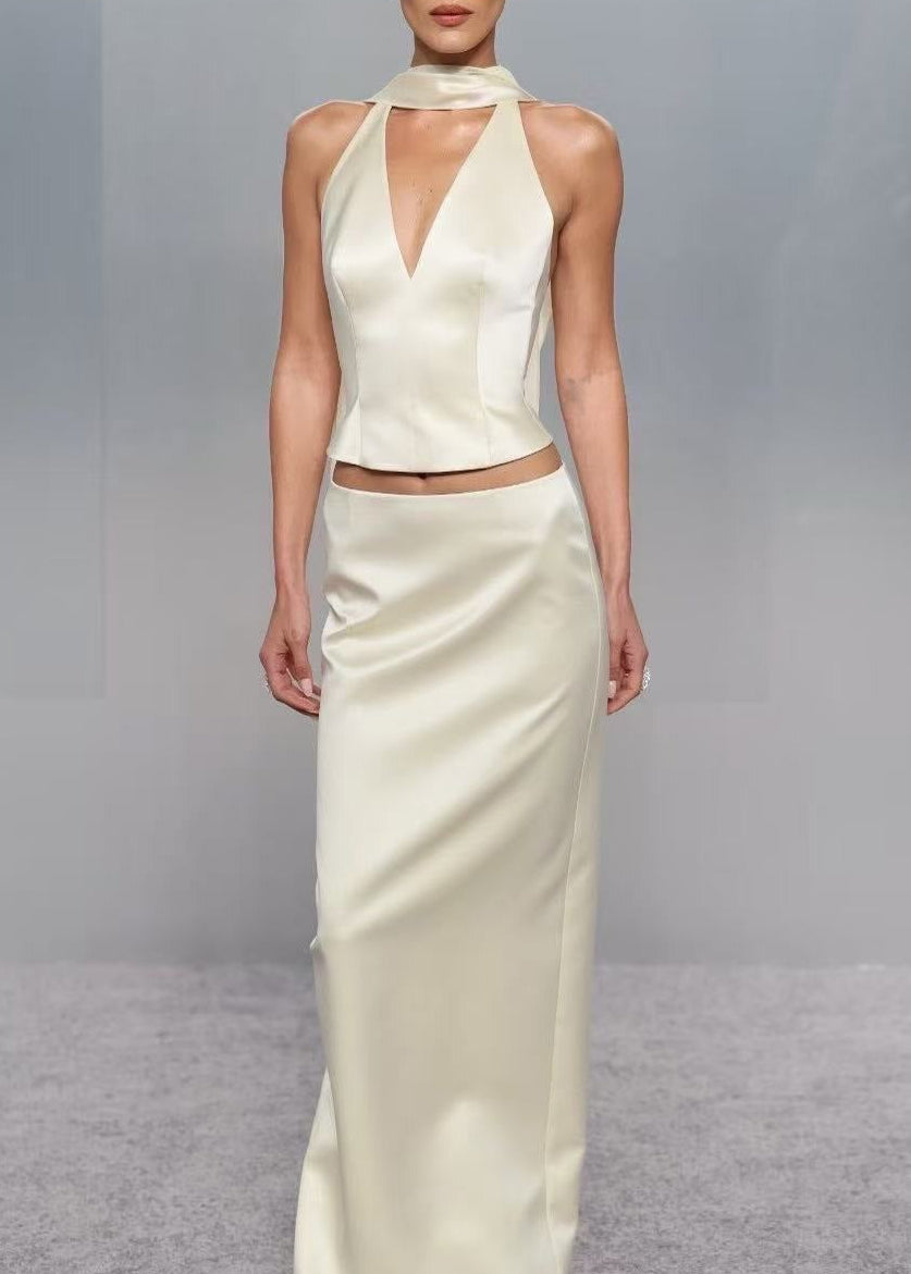 Uveria Ivory Plunge Neck Satin Top & Skirt Set