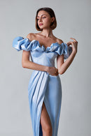 Corliss Crystal Off-Shoulder Maxi Split Dress In Blue