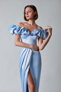 Corliss Crystal Off-Shoulder Maxi Split Dress In Blue