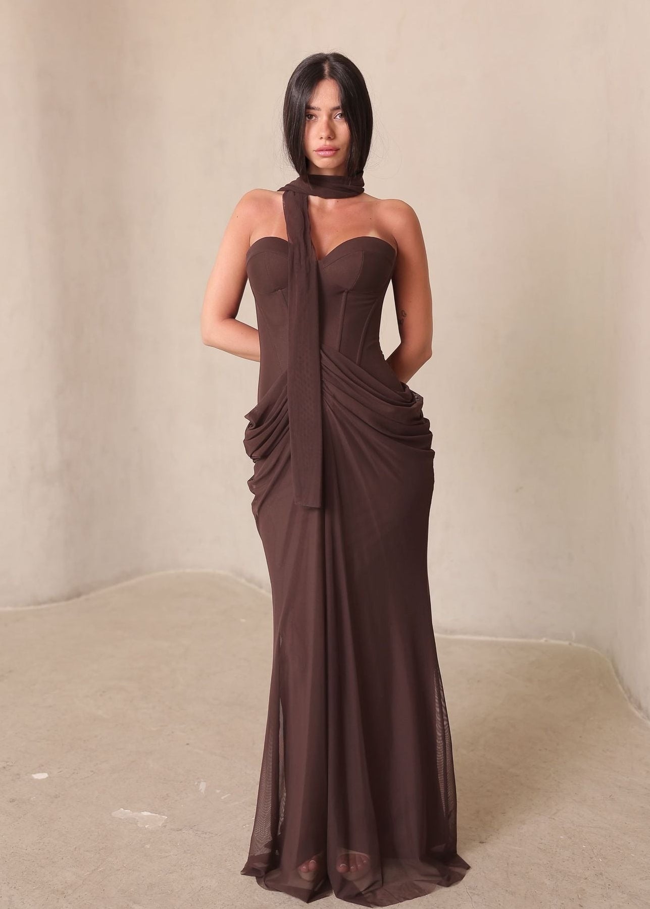 Cormyra Halter-Neck Strapless Ruched Maxi Dress In Brown