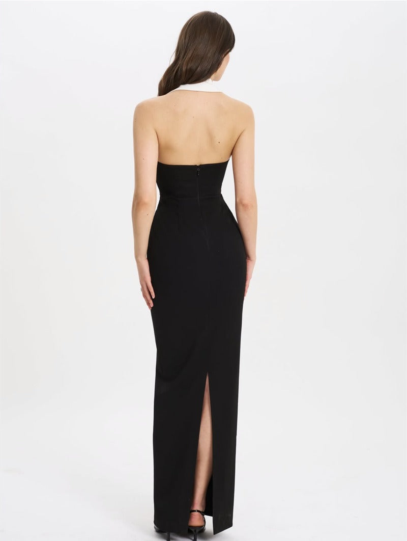 Reyra Halter Lapel Collar Maxi Dress In Black