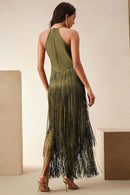 Natesa Halter Tassel Maxi Dress In Green