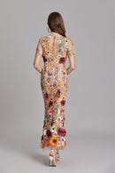 Chesley Floral Embroidery Mesh Fishtail Midi Dress In Brown