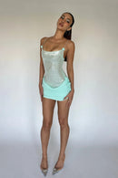 Quivyx Sequin Floral Draped Corset Mini Dress In Green