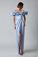 Corliss Crystal Off-Shoulder Maxi Split Dress In Blue