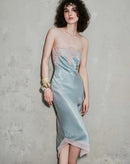 Gravenk Lace-Paneled Satin Midi Dress In Mint Blue
