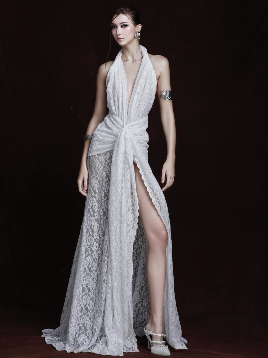 Cevina Plunge Neck Lace Split Maxi Dress