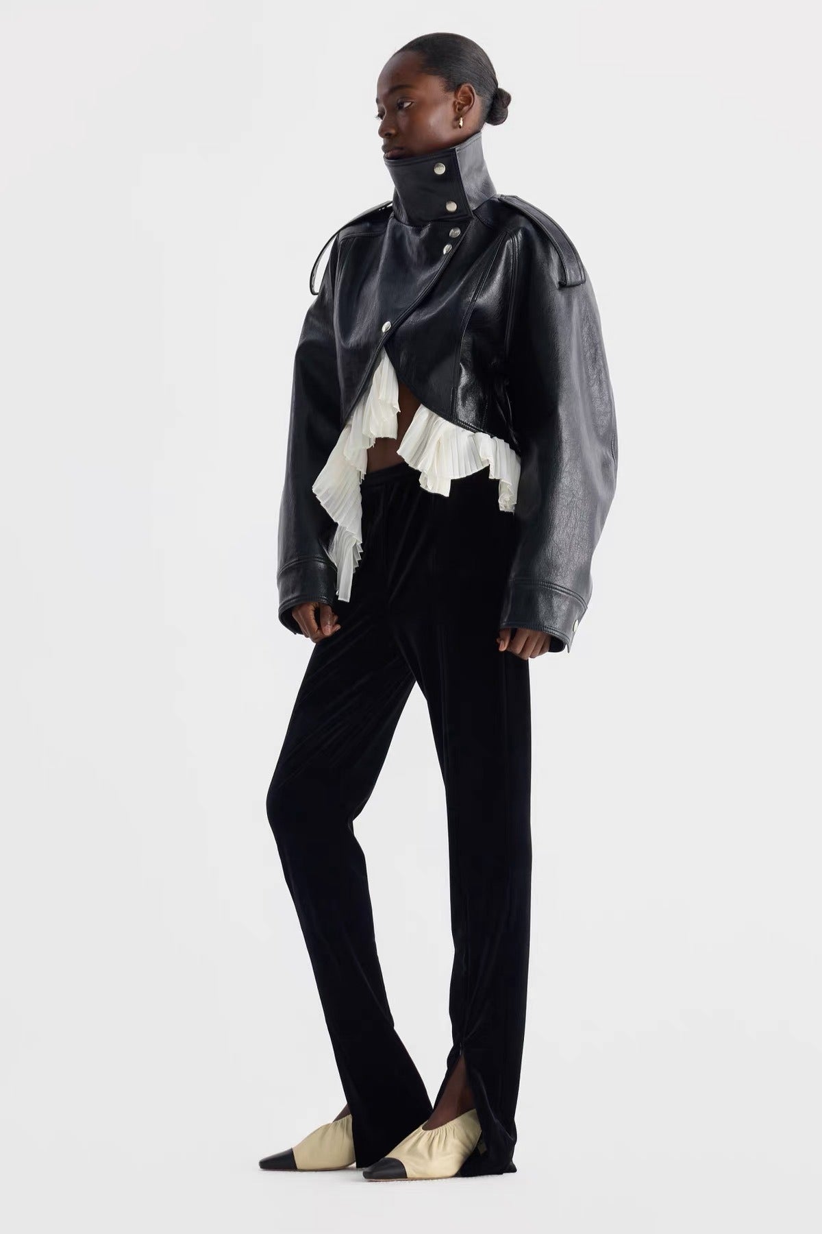 Amsvek Black High Neck Aysmmetrical Oversized Jacket