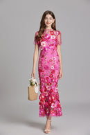 Chesley Floral Embroidery Mesh Fishtail Midi Dress In Pink