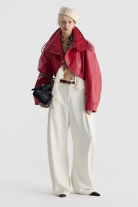 Amsvek Red High Neck Aysmmetrical Oversized Jacket