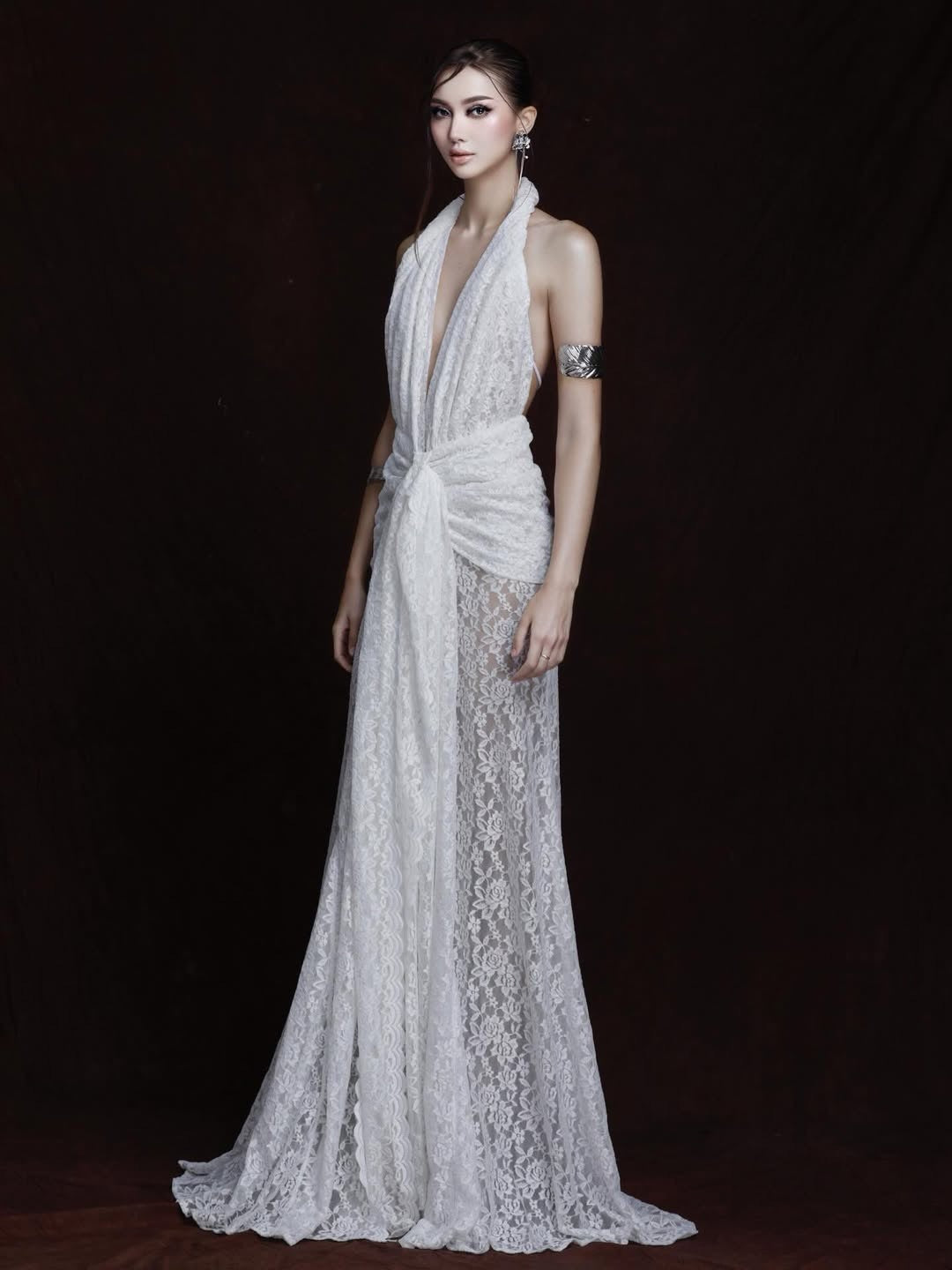Cevina Plunge Neck Lace Split Maxi Dress