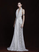 Cevina Plunge Neck Lace Split Maxi Dress