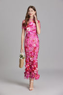 Chesley Floral Embroidery Mesh Fishtail Midi Dress In Pink