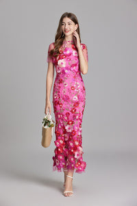 Chesley Floral Embroidery Mesh Fishtail Midi Dress In Pink