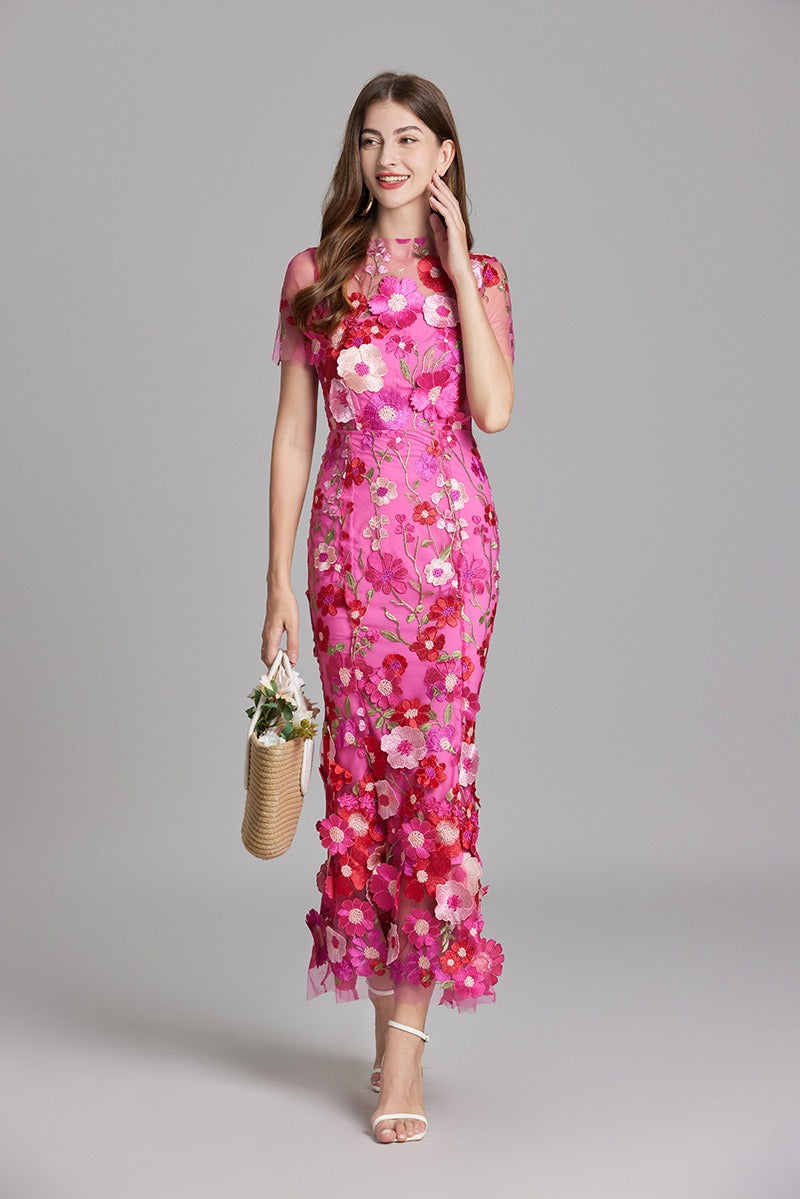 Chesley Floral Embroidery Mesh Fishtail Midi Dress In Pink