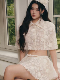 Wexler Cream Floral Embroidered Cape & Skirt Set