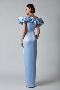 Corliss Crystal Off-Shoulder Maxi Split Dress In Blue