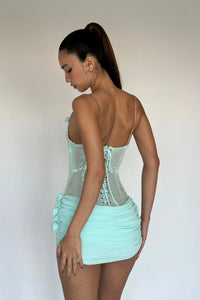 Quivyx Sequin Floral Draped Corset Mini Dress In Green