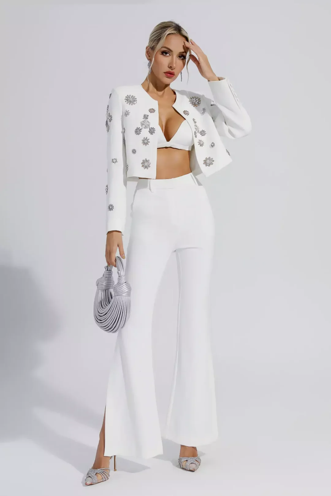 Jeneen Embellished Beaded Jacket Set In White