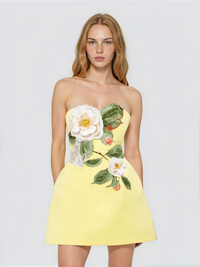 Arygon Strapless Embroidered Floral Mini Dress In Yellow