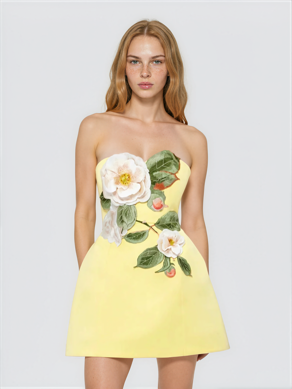 Arygon Strapless Embroidered Floral Mini Dress In Yellow