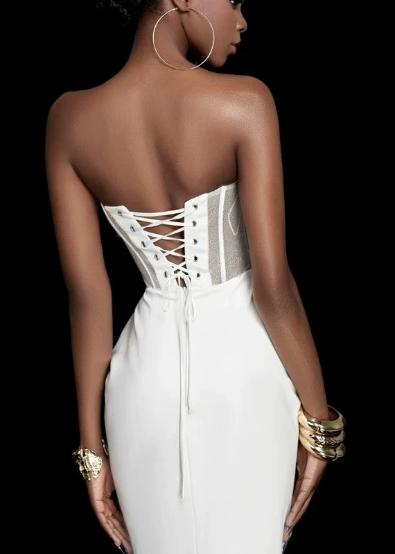 Azdara Strapless Mesh Corset Maxi Dress In White