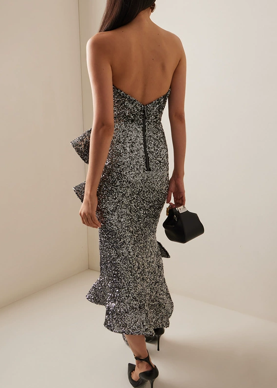 Janaki Strapless Sequin Ruffle Maxi Dress In Silver