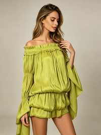 Hadeanix Long Sleeve Bardot Bubble Dress In Green