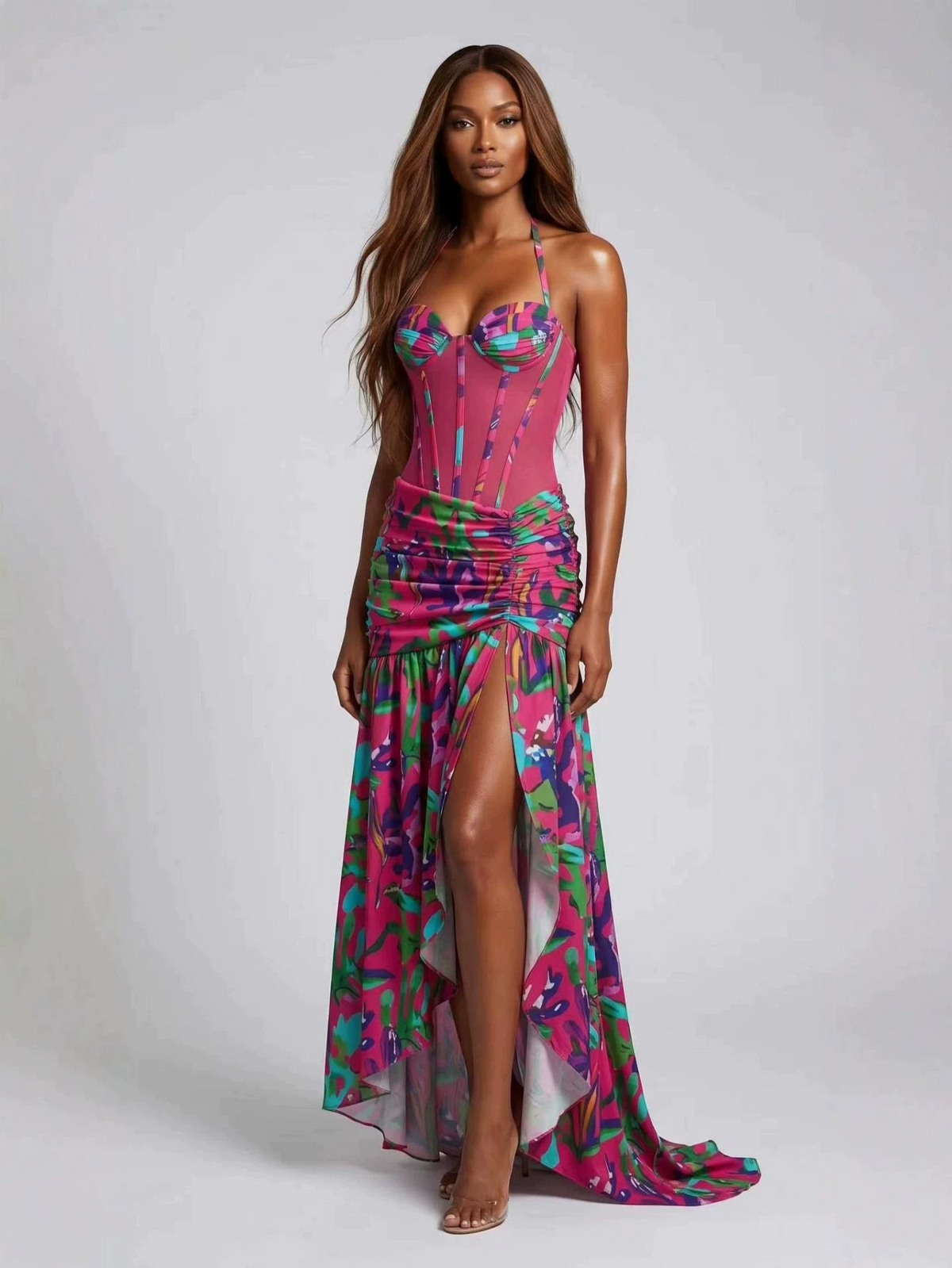 Hayfa Split Ruched Ruffle Maxi Dress