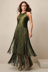 Natesa Halter Tassel Maxi Dress In Green