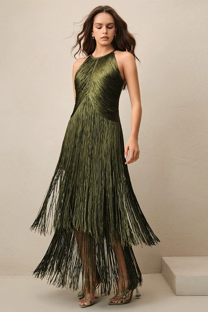 Natesa Halter Tassel Maxi Dress In Green