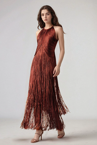 Natesa Halter Tassel Maxi Dress In Brown