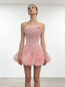 Alviva Strapless Floral Corset Bubble Mini Dress In Pink